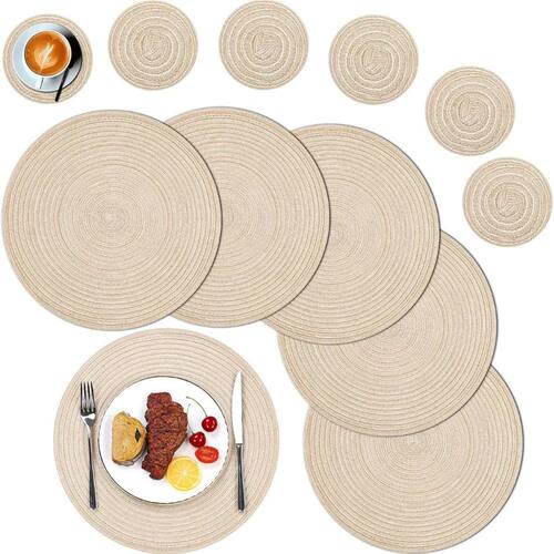 Set of 6 Round Placemats and Coasters Braided Woven Place Ma