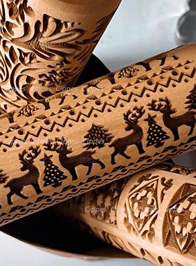 Christmas Rolling Pin with Reindeer Flower Patterns, Wooden