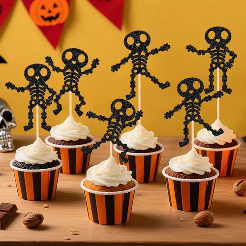 24Pcs Halloween Skull Cake Toppers Skull Dance Cupcake Picks
