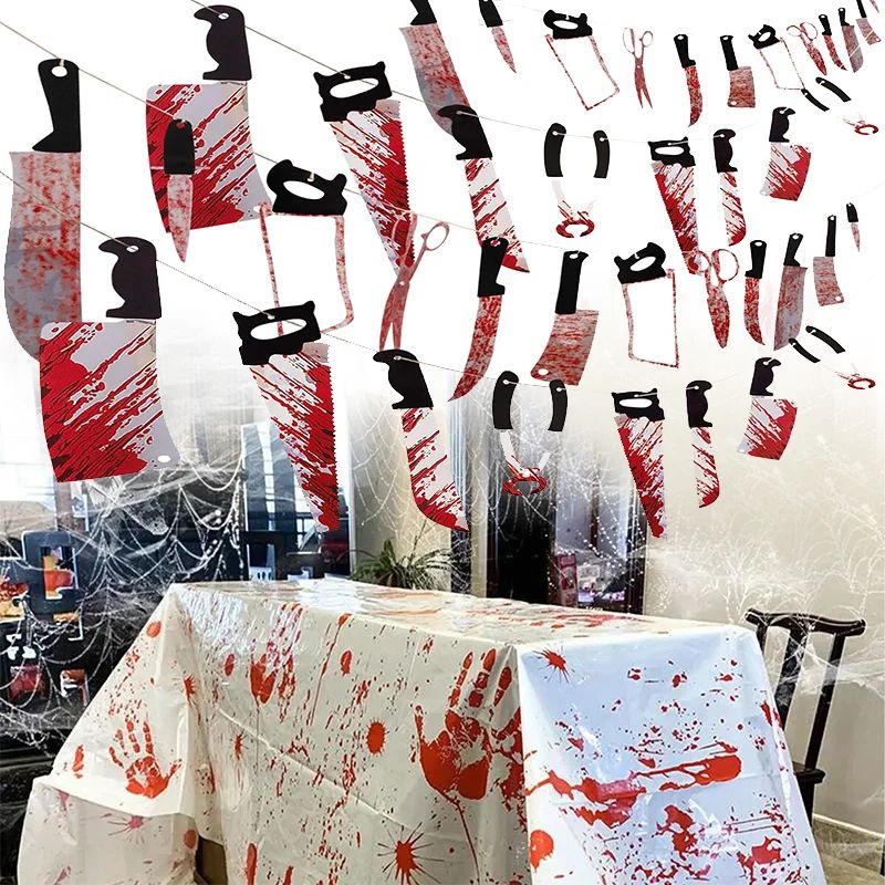 Halloween Bloody Handprint Party Tablecloth & Horror Garland