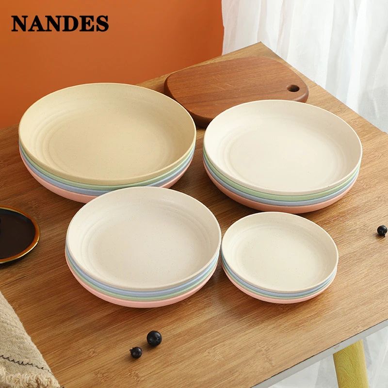 Wheat Straw Solid Color Round Plates Salad Dessert Dinner Re