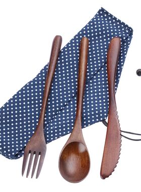 Wooden Cutlery Set Spoon Fork Cutter Reusable Wood Bamboo Fl