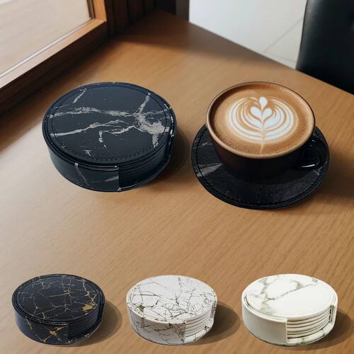 6 Pcs Artificial Leather Coasters Marble Style with Holder