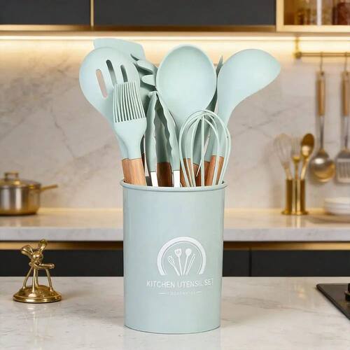 Set,Silicone Kitchen Utensils Set With Storage Bucket, NonSt