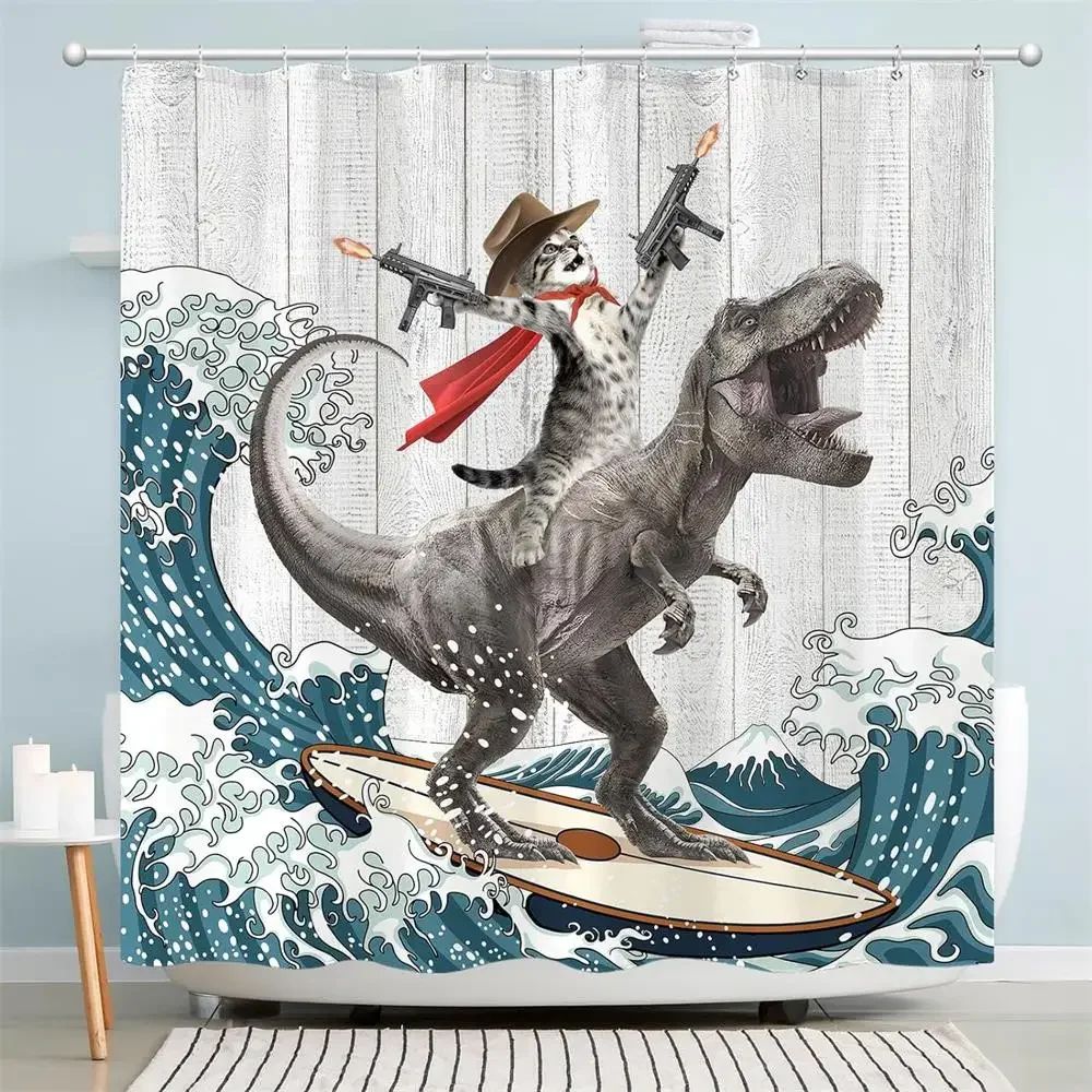 Funny Cat Riding Dinosaur Shower Curta Cute Animal Sea Waves