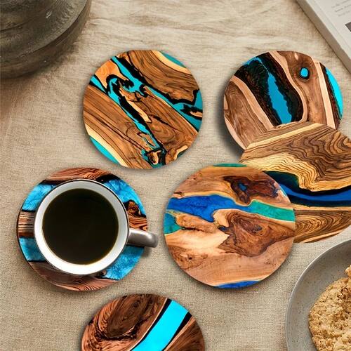 6pcs Vintage Wooden Coasters 2D 4in Tree Pattern with Lake &