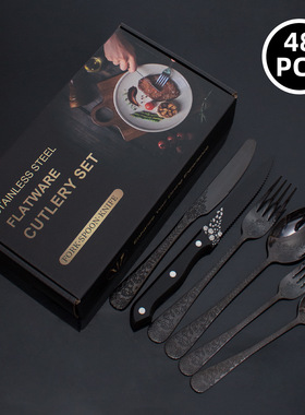 48 Pcs Stainless Steel Black Gold Silver Luxury Cutlery Dinn