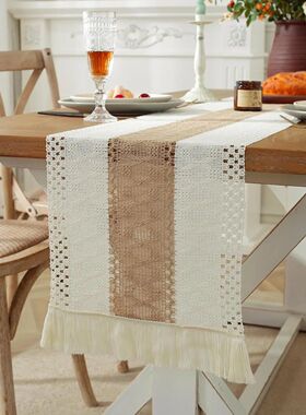 Boho Farmhouse Linen Table Runner–Rustic Macrame with Tasse
