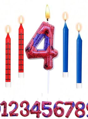 7pcs Red Blue Spider 4th Birthday Number Candles, Number 4 C
