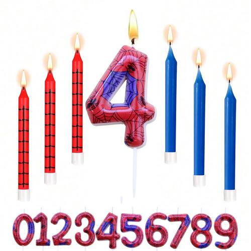 7pcs Red Blue Spider 4th Birthday Number Candles, Number 4 C