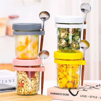 1pack Cup 350ML Overnight Oat Cup Glass With Lid And Spoon S
