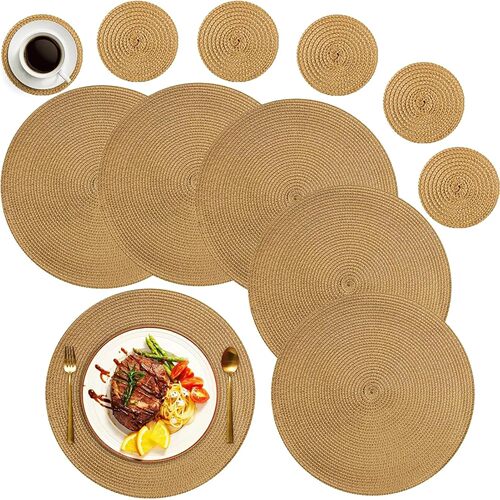 6Pcs Round Table Mat and Cup Coasters Set Woven Ramie Placem