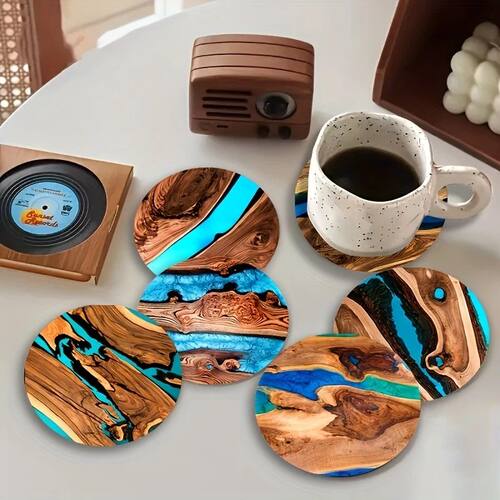 2D Blue-Green Patterned Wooden Coaster Round Coasters Anti-S