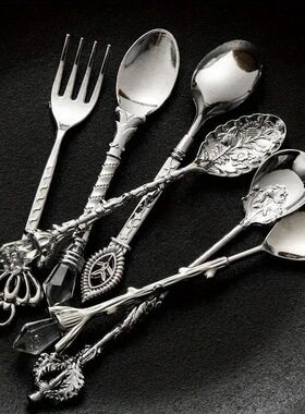 6pcs Vintage Spoons Fork Royal Style Gold Carved Coffee Tea