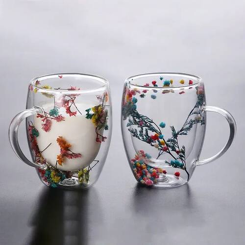 Fillings Dry Flowers Double Wall Glass Cup With Handle Heat