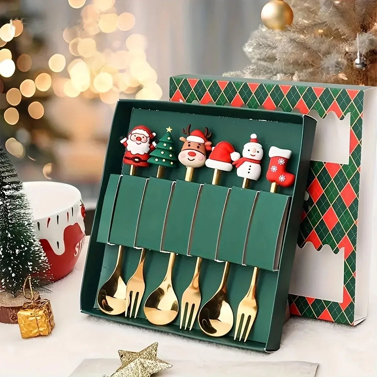 6Pcs Christmas Fork And Spoon Set Stainless Steel Creative T