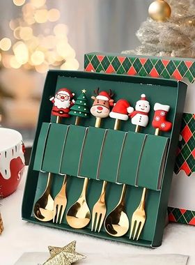 6Pcs Christmas Fork And Spoon Set Stainless Steel Creative T