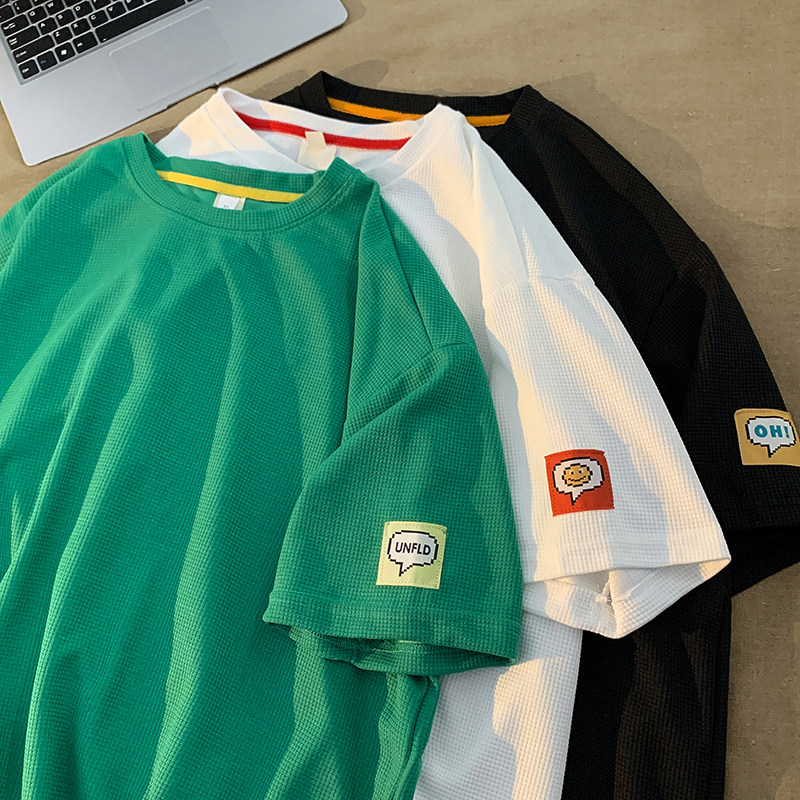 短袖t恤男款夏季日系时尚百搭学生打底衫宽松华夫格半袖夏装潮流