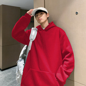 大红色上衣服情侣宽松连帽衫 加绒卫衣男潮流秋冬季 外套2022年新款