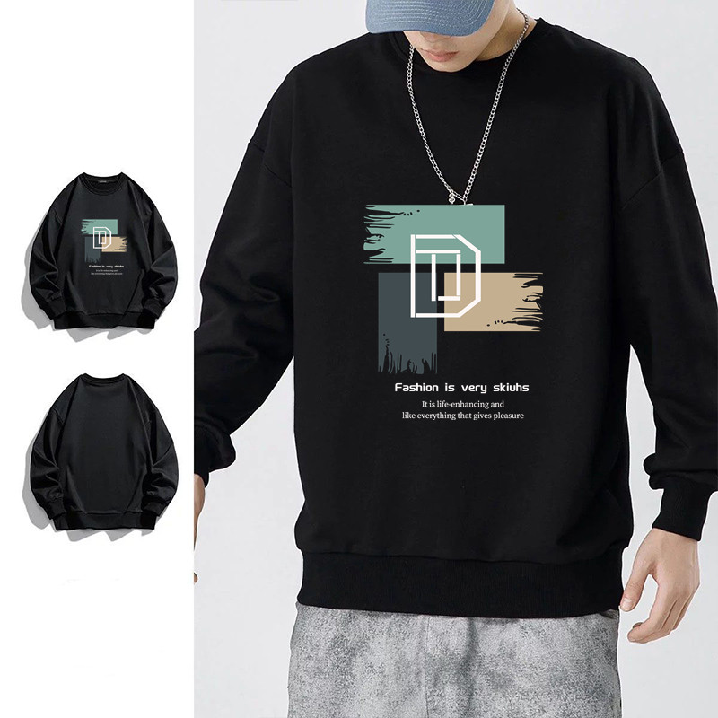 清仓捡漏专柜撤回春秋打底衫男士宽松重磅黑色百搭印花长袖上衣服