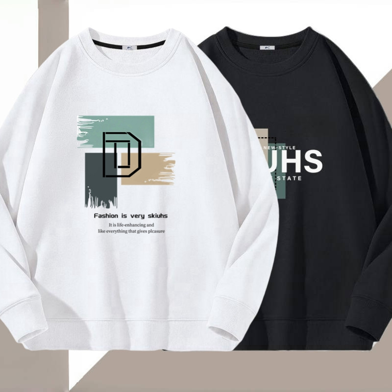 休闲运动长袖t恤男春秋季宽松大码上衣服潮流薄款黑色圆领套头衫