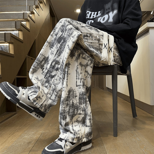 裤子男款秋冬季港风宽松运动直筒长裤学生扎染印花高街潮流休闲裤