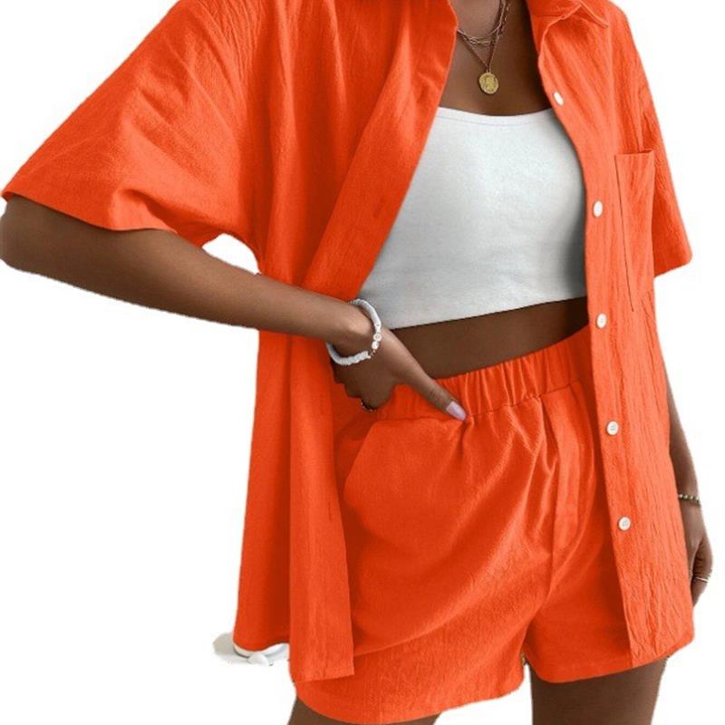 2022 cotton linen suit pocket shirt shorts suit women