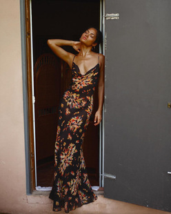 Women Cowl Print Maxi Beac Strap Dress Spaghetti Floral Neck