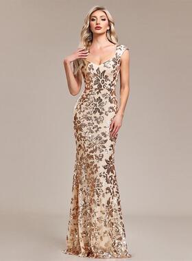 Women Formal Mermaid Evening Dress Gold Sequin Party Dresss