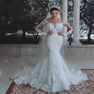 Long Mermaid Sleeve Appliques Gowns Wedding Bridal Dress