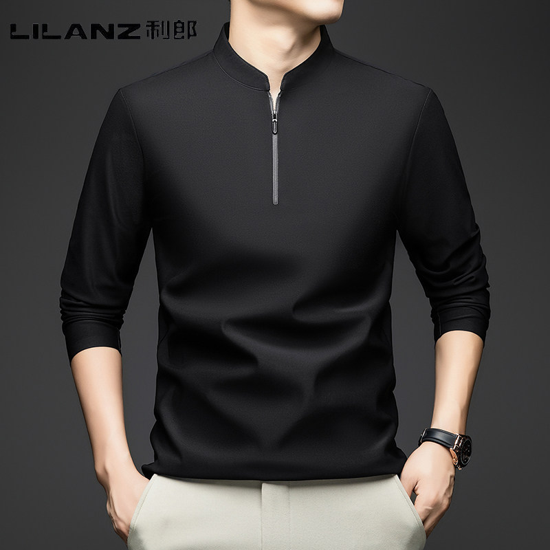 利郎桑蚕丝春季男士长袖t恤立领拉链免烫商务休闲上衣时尚打底衫