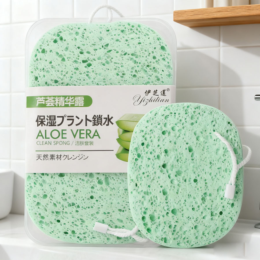伊芝莲大孔芦荟洗脸扑保湿锁水洁面扑加厚加大盒装带绳子搓澡海绵