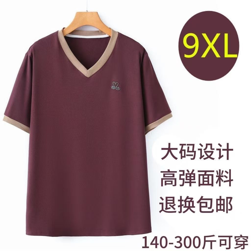 300斤加大码妈妈夏装V领短袖T恤中老年休闲宽松显瘦小衫百搭上衣