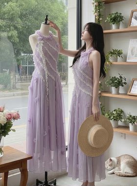 Acaine2026新款夏季鸢尾花颂 温柔气质立体花挂脖连衣裙