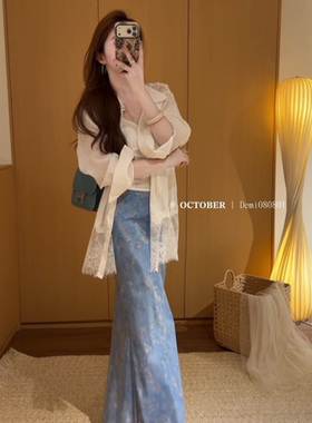 实价有货韩式温柔风蕾丝衬衫V领背心女夏季新款碎花半身裙三件套