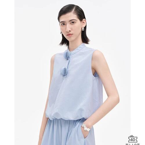 乔欣同款SELF2025蓝色棉混纺立领无袖花苞背心女夏新款短款马甲