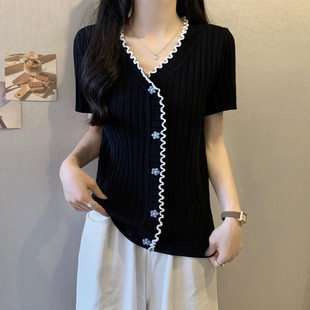 实拍 胖妹妹夏装大码女装新款木耳边坑条显瘦宽松短袖T恤冰丝上衣