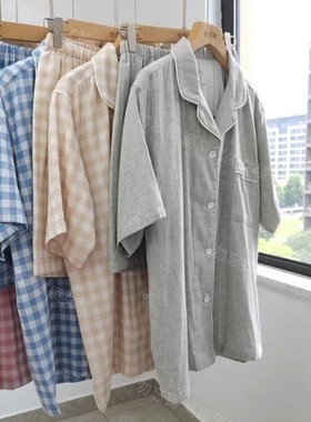 无印短袖短裤# A类双层纱无侧缝全棉情侣家居服男女睡衣套装夏新