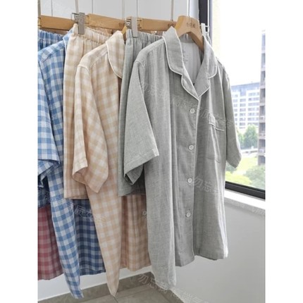无印短袖短裤# 柔软双层纱无侧缝全棉情侣家居服男女睡衣套装夏新