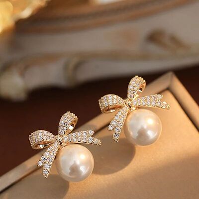 Sparkling Rhinestone Bow Pearl Stud Earrings LightJewelry Wo
