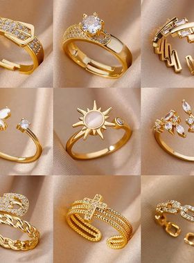 Zircon Geometric Rings For Women Stainless Steel Gold Color