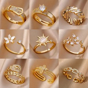 For Women Stainless Zircon Gold Rings Steel Color Geometric