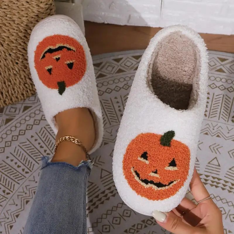 Cotton Fluffy Slippers Home Cartoon Pumpkin Platform Plush S