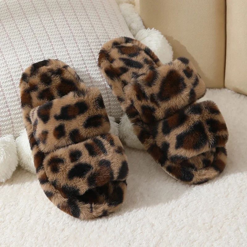 Leopard Pattern Plush Winter Slippers for Women Open Toe Sof