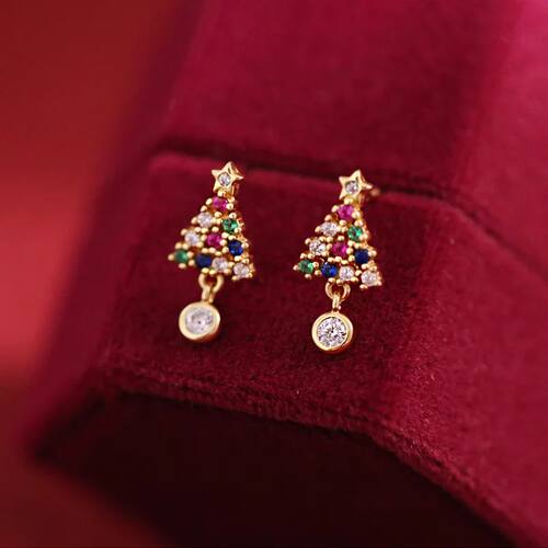 Colourful Christmas Tree Stud Earrings Charm Women Star Zirc