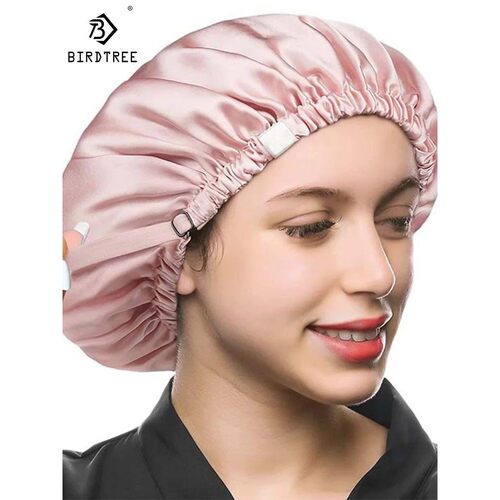 Birdtree 16MM 100% Real Silk Bonnet, Women Double Layer Slee