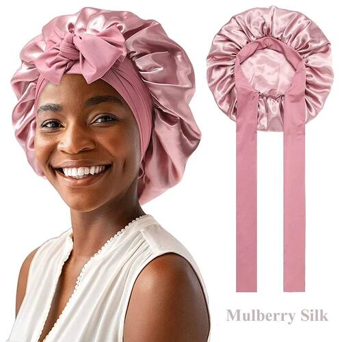 100% Mulberry Silk Sleep Bonnet for Women Curly Hair Satin C