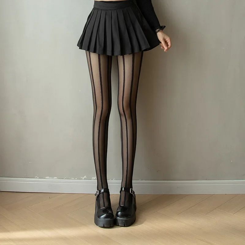 Sexy Women Black Stockings Slimming Vertical Stripes Lines P