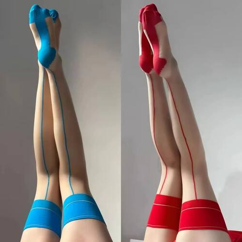 Vintage Cuban Heel Back Seam Thigh High Stockings Oil Shiny