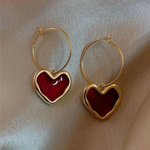 2 Pieces of Trendy Wine Red Heart-shaped Earrings for Women,